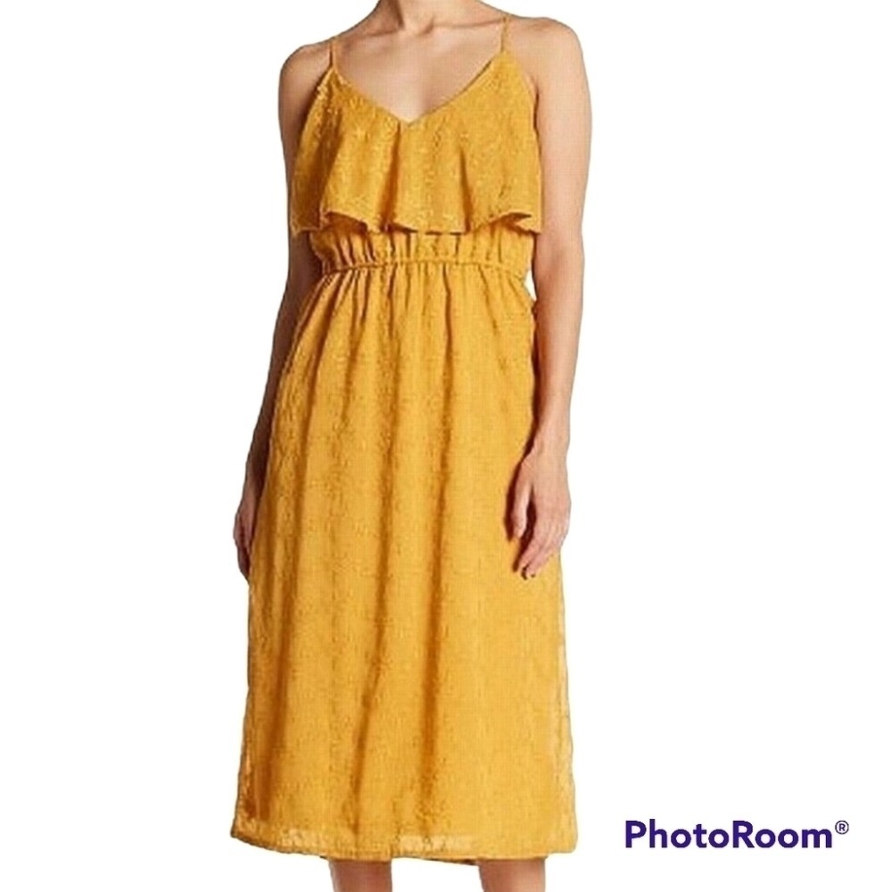Spirit Of Grace Mustard Yellow Marigold Floral Embroidered‎ V-neck Midi Dress M